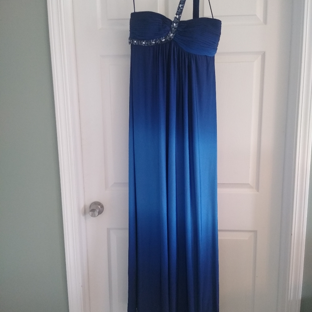 Cache Royal Blue Ombre One Shoulder Prom Dress with Beautiful Bead Detailing.